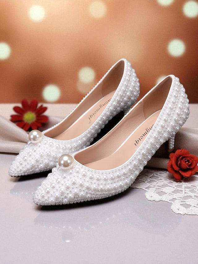 Pumps Heel Pearl-Embellished Matching Kitten and Women's
