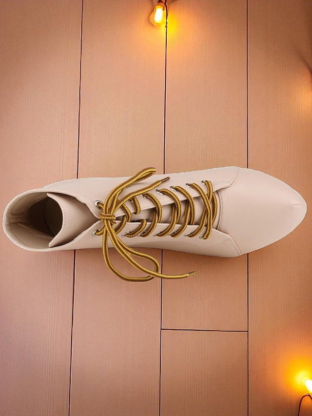 Leather Ankle Beige Platform Faux Women's - Boots Lace-Up