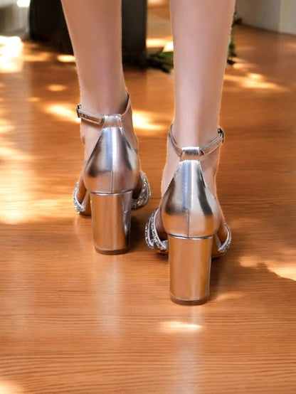 with Heel Sandals Silver Rhinestone Block Metallic Strappy