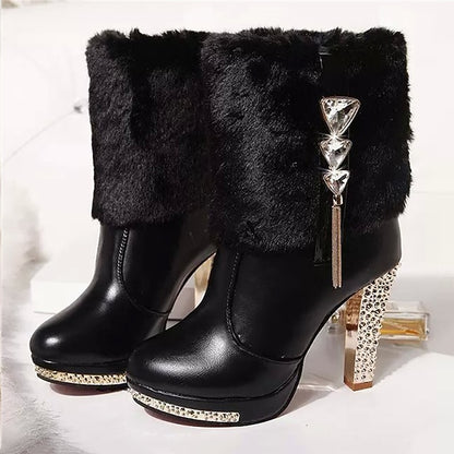 Boots Ankle Rhinestone with Women's Heels Faux - Fur White