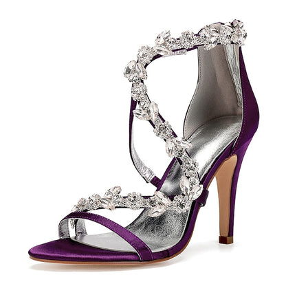 High Women's Floral Pink Rhinestone Sandals Heel with Satin