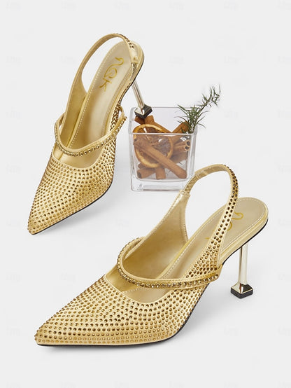 Sparkly Toe - Gold Rhinestone Pointed Heels Women's