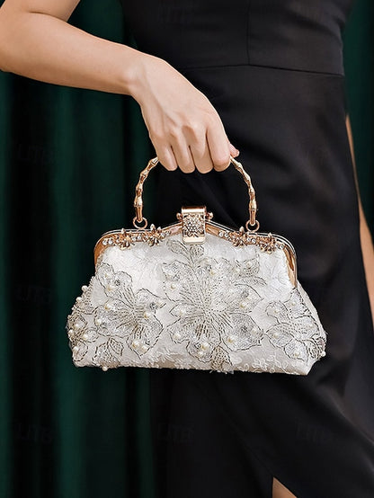 Handbag and Floral White Pearl Evening Elegant Lace with