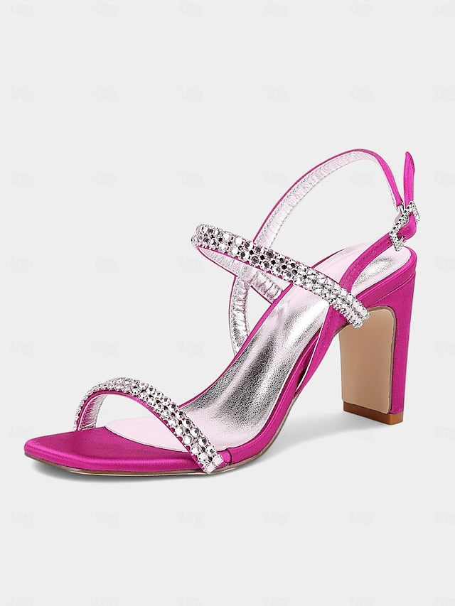 Heel Prom White Bridal – Rhinestone Sandals Women's Block