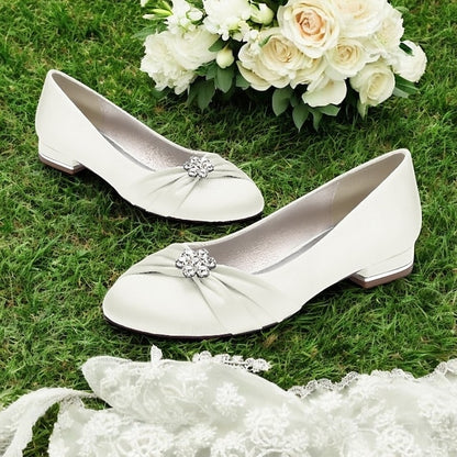 Blue Wedding with Women's Light Satin Rhinestone Flats