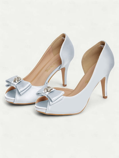 Peep and Heels Bow Women's Satin with Champagne Toe