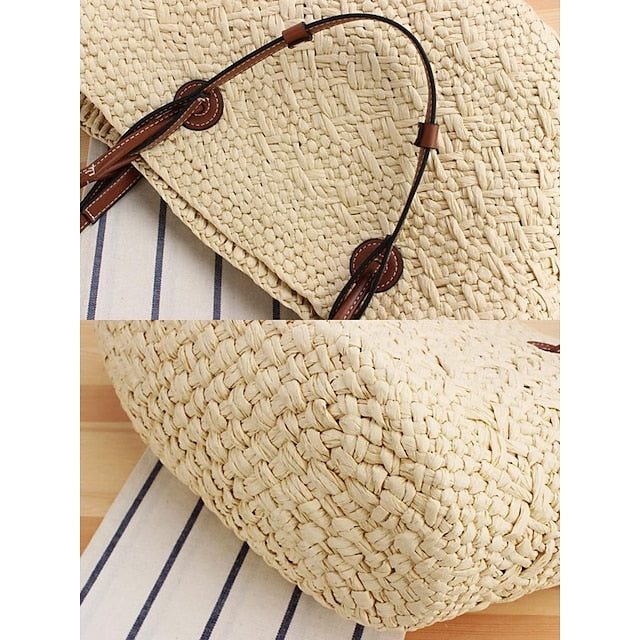 Tote Boho Leather Straps Women's Large Bag Chic Straw with