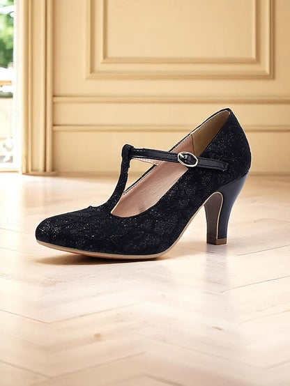 Lace Ivory Heel Women's Pumps-1920s Mid T-Strap Vintage