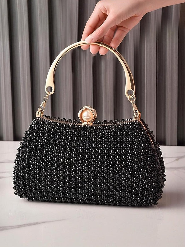 Gold with Beaded Handle Evening Pearl Bag Women's Clutch