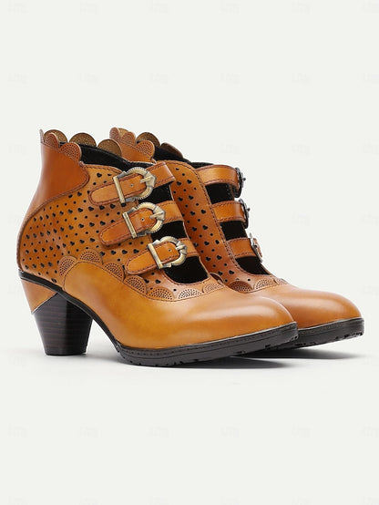 Boots Perforated Ankle Women's Vintage Brown Buckle Strap -