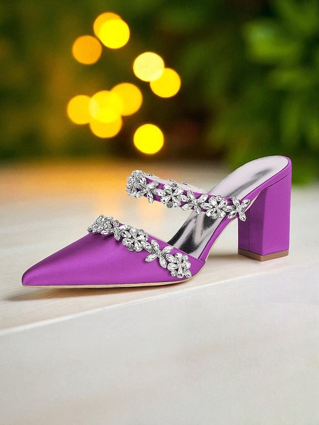 Heel Block Mules with Black Satin Floral Rhinestone Women's