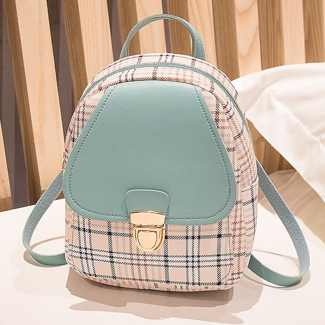 Leather Backpack Mini Buckle – with and Stylish Plaid Flap