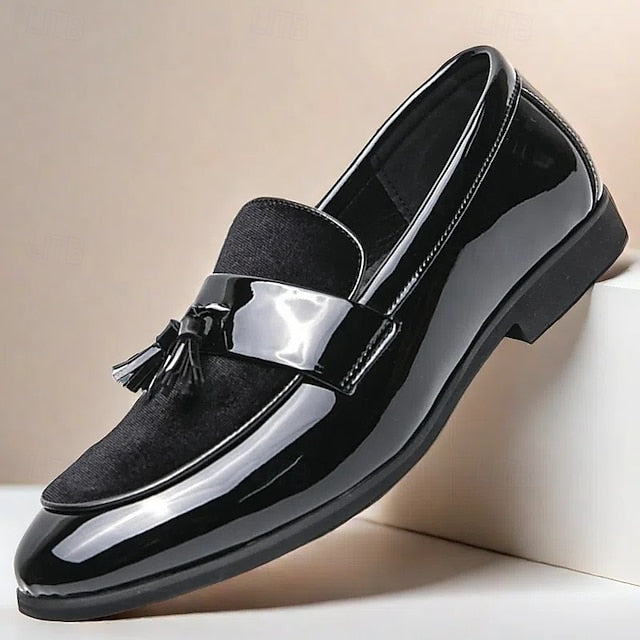 Velvet Leather – Loafers Men's Black Tassel Faux Patent