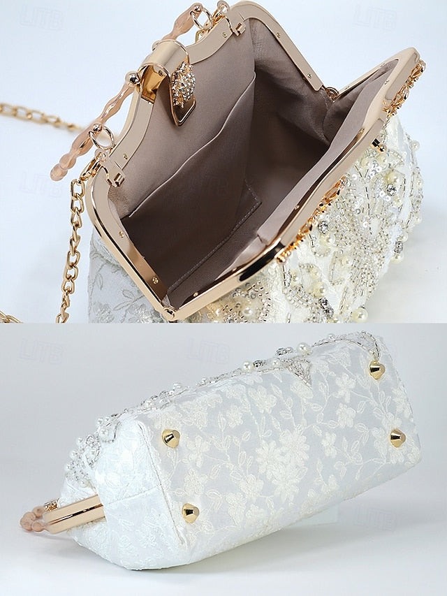 Handbag and Floral White Pearl Evening Elegant Lace with
