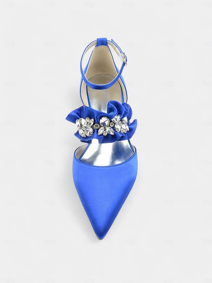 Satin Pointed-Toe with Women's Black Rhinestone Flats