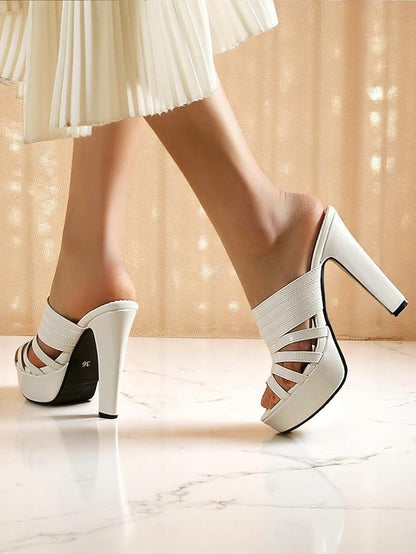 Platform Women's Strappy White Mule Heels - Open-Toe