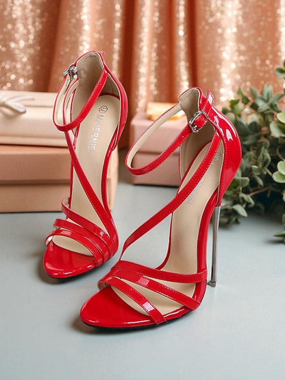 Strappy Heels Red High Stiletto - Women's PU Patent Sandals