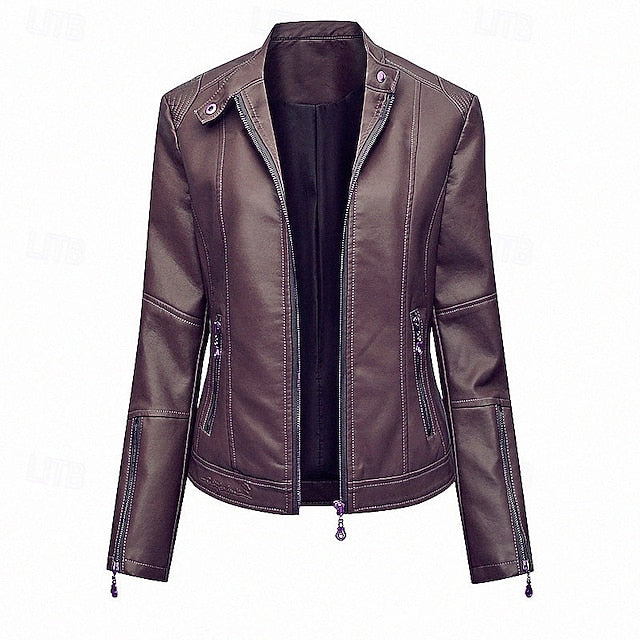Women's Zipper Comfortable Leather Faux Jacket Pocket