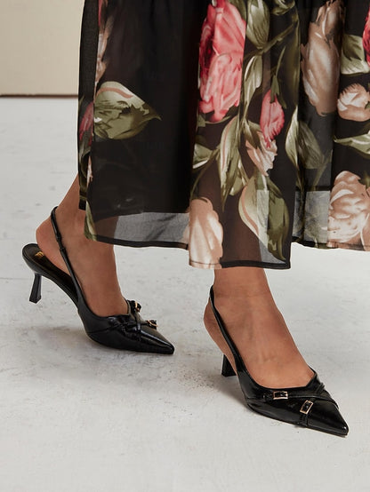 Heels Black with Pointed Women's Elegant Toe Slingback