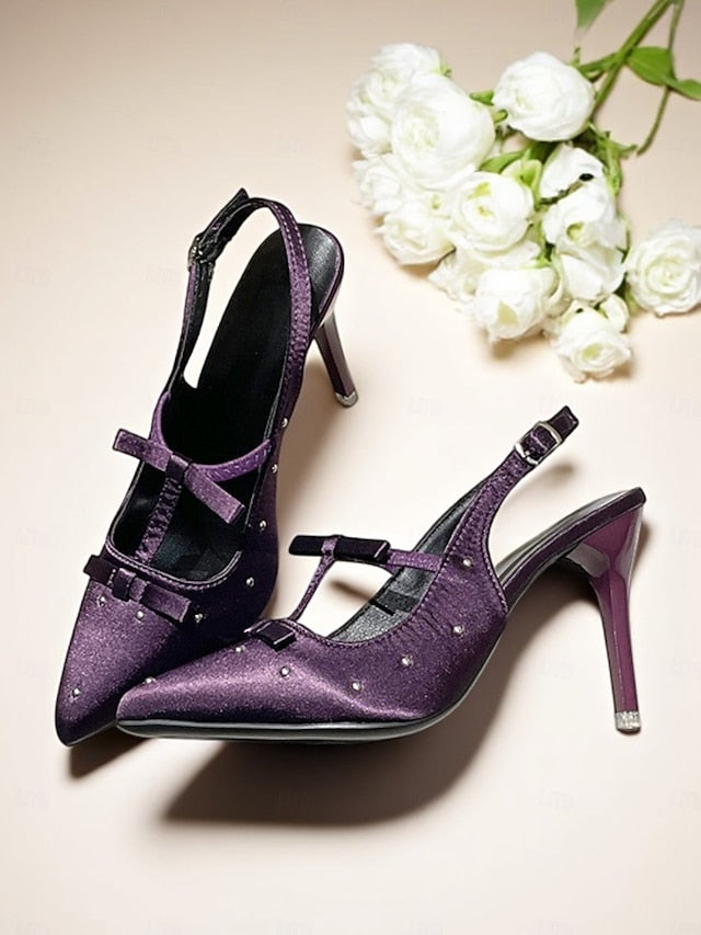 Bows Heels – and Women's Purple T-Strap Studs with Satin
