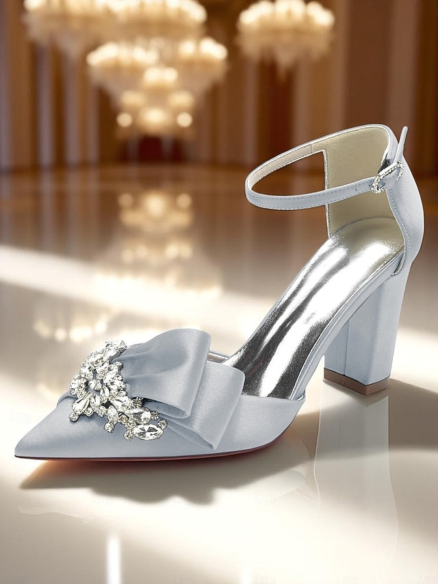 Bow Pumps with and Heel Satin Crystal Women's Block