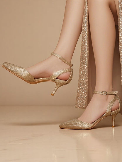 Gold Heels Ankle Strap Glitter Women's