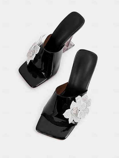 Black Rhinestone Women's Flower Leather with Mules Patent