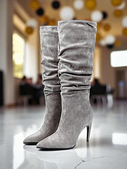 Boots Toe Velvet Pointed - Green Slouch Women's High Knee