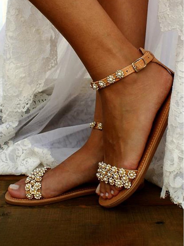 Flat with Straps Beaded Ankle Boho Chic Floral for Sandals