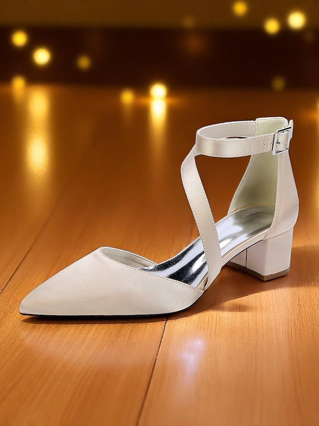 Toe Champagne Heels - Pointed Satin Women's Block