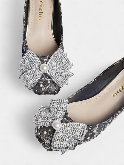 Black – Pearl-Embellished Bow Gold Pumps and Detail with