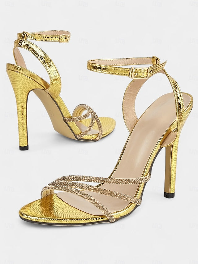 Rhinestone-Embellished Open-Toe Gold Stiletto for Sandals Women