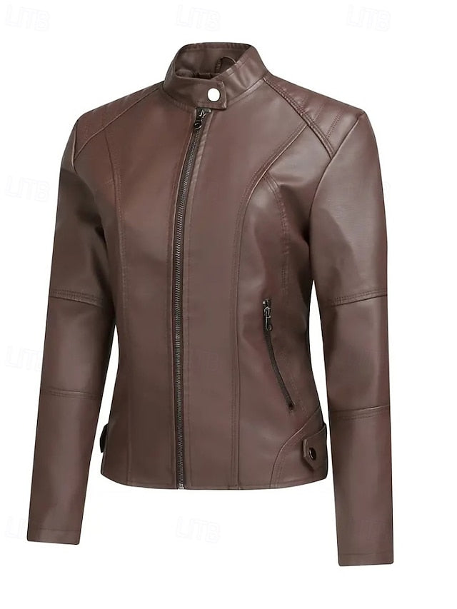 Pocket Women's Leather Faux Zipper Jacket Comfortable