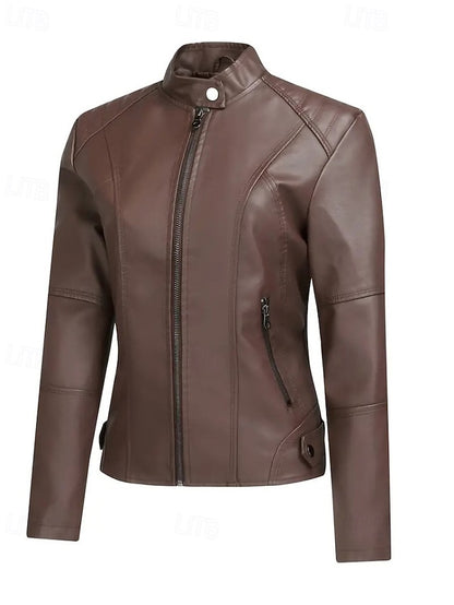 Pocket Women's Leather Faux Zipper Jacket Comfortable