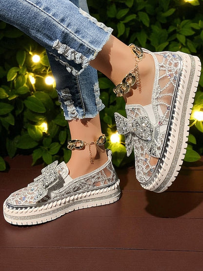 Bow Rhinestone Women's with Slip-On Black Lace Shoes