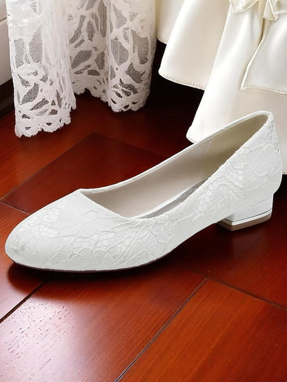 Women's Heel Ivory Flats Low Lace Wedding