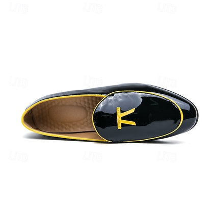 Leather Loafers Men's with Trim Yellow Patent Black Faux