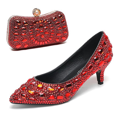 Women's Matching Heel Kitten Shoes Crystal-Embellished and