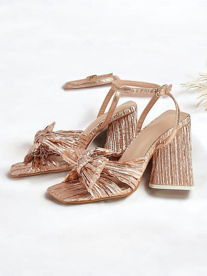 Textured Detail with Block and Gold Rose Knot Sandals Heel