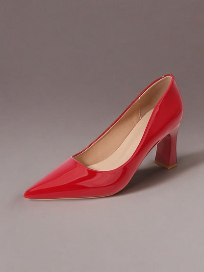 Heel Green Leather Faux Glossy Patent Pumps Pointed-Toe Block