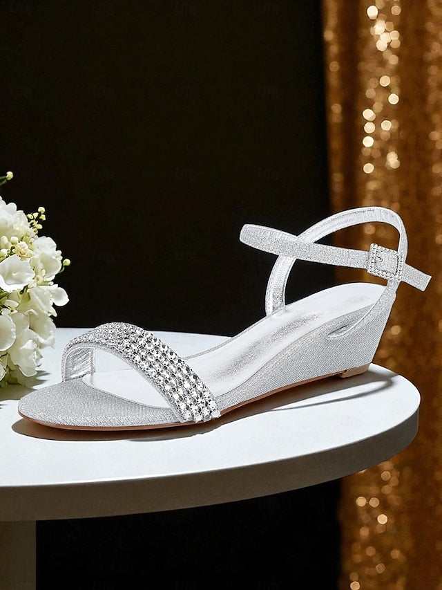 Open - Rhinestone Sandals Champagne Wedge Toe Women's