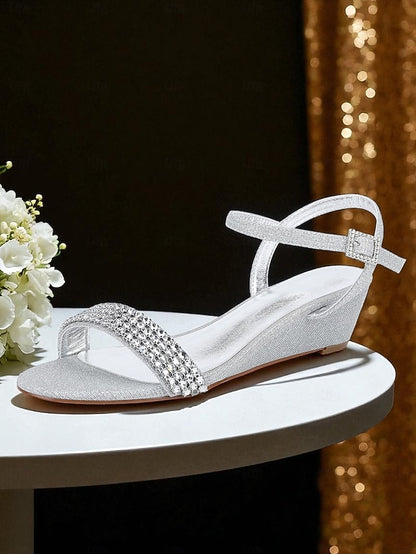 Open - Rhinestone Sandals Champagne Wedge Toe Women's