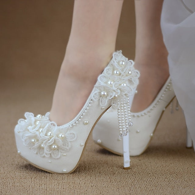 Heels Platform with Women's Floral Wedding White Lace