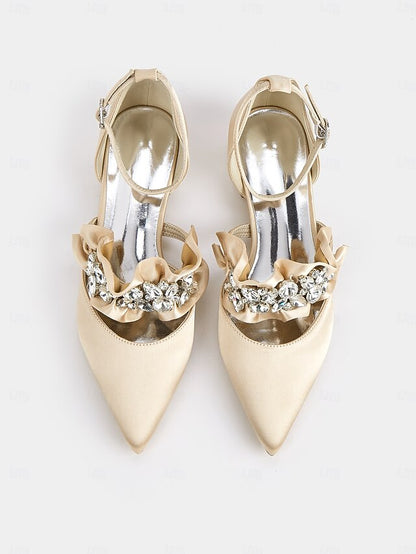 Satin Pointed-Toe with Women's Black Rhinestone Flats