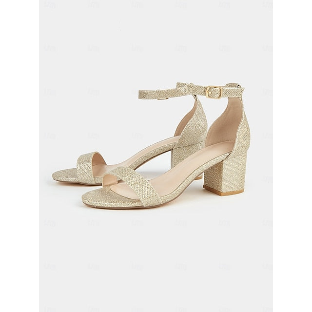 Women's Glitter Gold with Stylish Block Sandals Heel Ankle