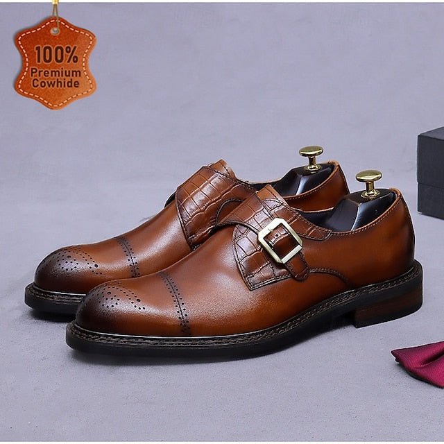 First Men's Genuine Strap Monk Black Leather Shoes-