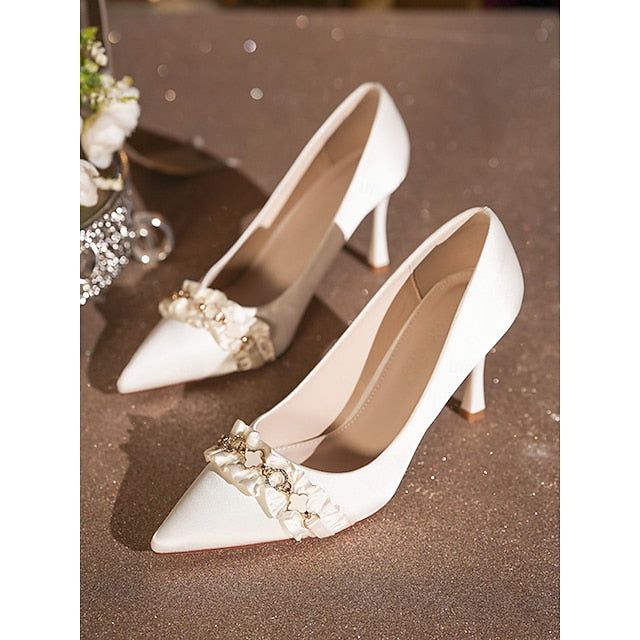 Pumps with Pointed Women's White Satin Heel Toe High Ruffle