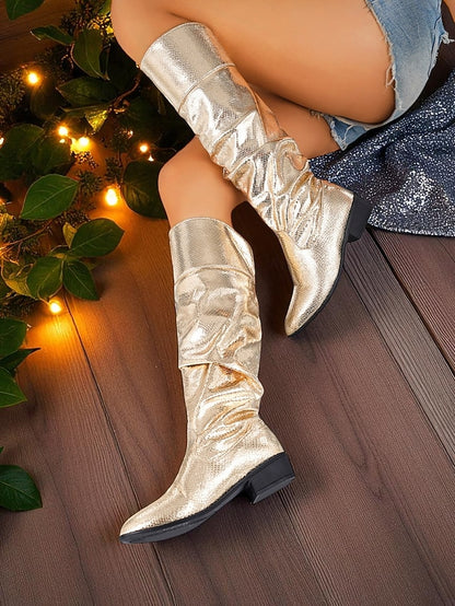 High Party Metallic Women's Shiny - Boots Knee Slouch Gold