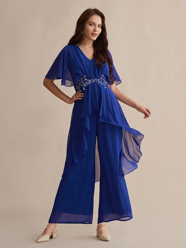 Cuff Sequin Wedding Embroidered Blue Royal Chiffon Guest Flare