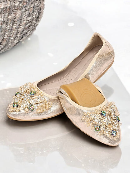 Glitter Foldable Women's with Gold Crystal Flats